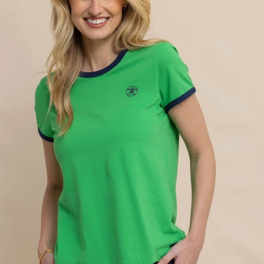 Southern Tide Green Ringer Short Sleeve Tee with Navy Trim
